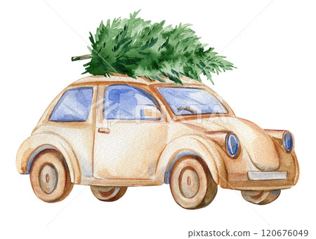 Festive beige car with Christmas tree drawn watercolors on isolated background. Christmas illustration for design cards 120676049