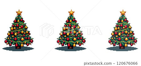 A pixel art Christmas tree decorated with red and gold ornaments and topped with a shining star. 120676066