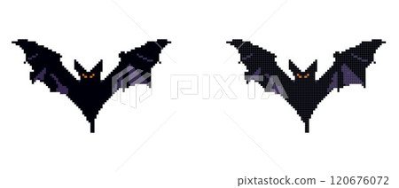 A pixel art black bat with orange eyes and outstretched wings against a white background. A pixel art black bat with orange eyes and outstretched wings against a white background. 120676072
