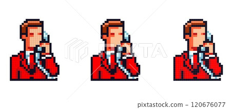 A pixel art image of a person in a red suit holding a phone to the ear with a white background 120676077