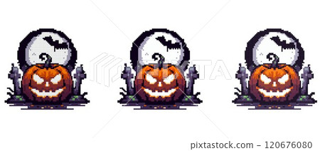A glowing jack-o'-lantern with a sinister grin sits in front of a full moon with a bat flying across it and gravestones nearby 120676080