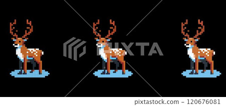 Pixel deer with big antlers on black background in retro video game style. Pixel deer with big antlers on black background in retro video game style. 120676081