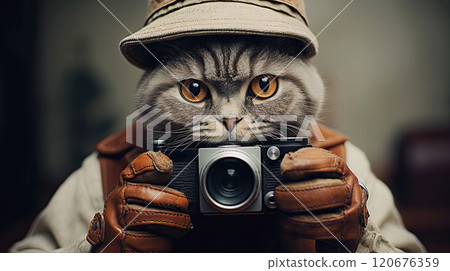 Cat photographer in hat with vintage camera. 120676359