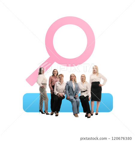 Target market. Group of business people with large pink magnifying glass icon, symbolizing teamwork and market analysis. Contemporary art collage. 120676380