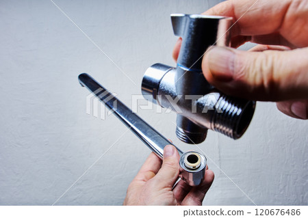 Parts of faucet with long swivel spout of water tap and shower mixer valve. Parts of faucet with long swivel spout of water tap and shower mixer valve. 120676486