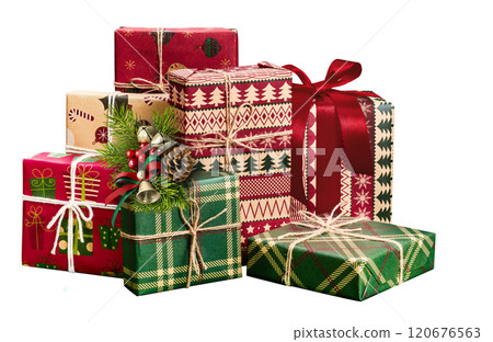 Colorful Christmas presents with beautiful wrapping and ribbons on white background 120676563
