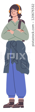 Student girl in earphones. Young careless person character 120676582