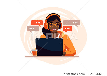 Customer service concept. African woman with headphones and microphone with laptop. Support, assistance, call center. Vector illustration. Flat style Customer service concept. African woman with headphones and microphone with laptop. Support, assistance, call center. Vector illustration. Flat style 120676676