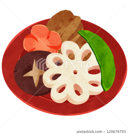 Red small plate and Chikuzenni watercolor hand-drawn illustration Red small plate and Chikuzenni watercolor hand-drawn illustration 120676783