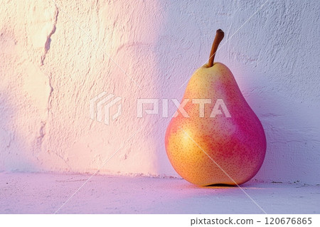 Vibrant Pear Against Textured White Wall 120676865