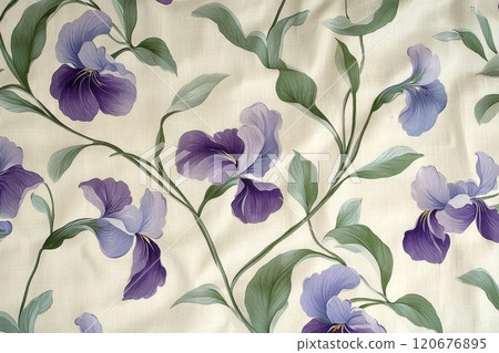 Floral fabric pattern with purple irises 120676895