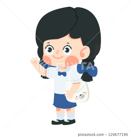 student holding a fabric bag stands waving 120677190