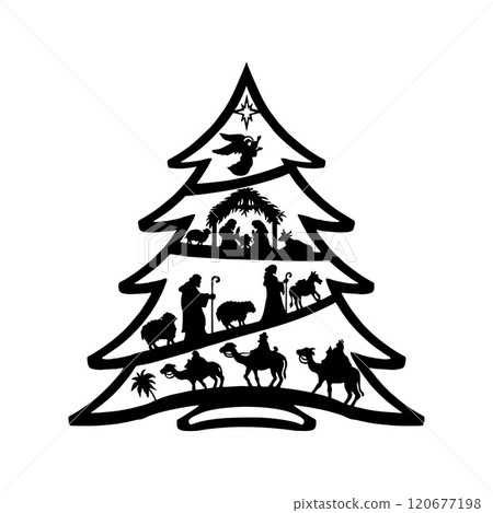 Holy Night silhouette - Nativity scene of baby Jesus silhouette in a manger with Mary and Joseph with the three wise men. Christian Christmas silhouette of animals. Illustration for children. 120677198
