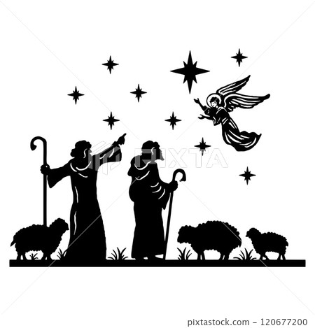 Holy Night silhouette - Nativity scene of baby Jesus silhouette in a manger with Mary and Joseph with the three wise men. Christian Christmas silhouette of animals. Illustration for children. 120677200