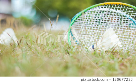 A badminton racket and shuttlecock resting on a grassy field, symbolizing the joy of outdoor sports, healthy living, and the importance of recreational activities to build fitness and bonds. A badminton racket and shuttlecock resting on a grassy field, symbolizing the joy of outdoor sports, healthy living, and the importance of recreational activities to build fitness and bonds. 120677253