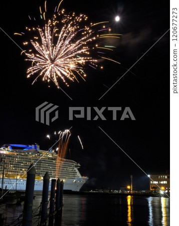 Shizuoka Prefecture, Moon, Fireworks and Luxury Cruise Ship, October Shizuoka Prefecture, Moon, Fireworks and Luxury Cruise Ship, October 120677273
