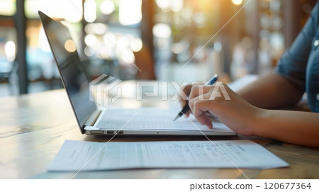 At a meeting table, business person reviewing consumer survey form, laptop in background. Consumer survey answer form 120677364
