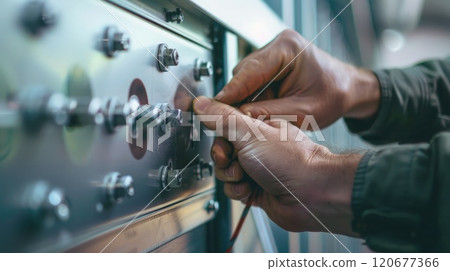 Detailed view of technician tightening bolts on HVAC unit, enhancing system stability and performance. HVAC service technician. Copyspace 120677366