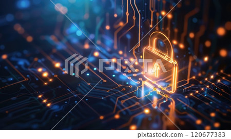 Circuit board featuring a padlock symbol to illustrate digital data privacy and protection. Digital ethics. Copyspace 120677383