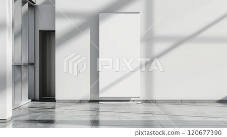 Sleek office lobby with a modern roll-up mockup poster, blank space for customization, light background. Roll up mockup poster 120677390