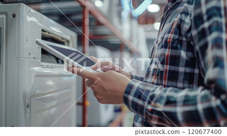 Technician using a digital tablet to diagnose HVAC issues, ensuring accurate and efficient problem-solving. HVAC service technician. Copyspace 120677400