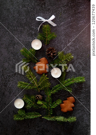 New years cover. Greeting card with gingerbread christmas tree. 120677439