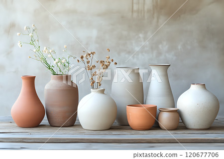 Handcrafted Clay Pottery in Various Shapes Arranged on Natural Wood Surface 120677706