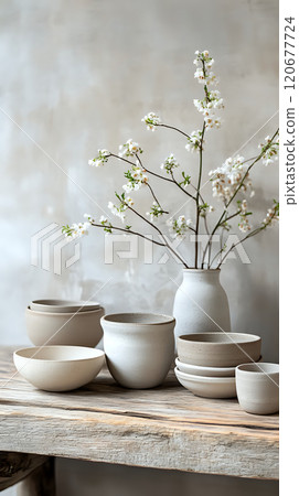Simple Still Life of Handcrafted Clay Pottery Arranged on Natural Wood Surface with Earthy Tones 120677724