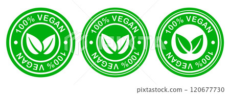 Organic 100% vegan product design template icon symbol. Suitable for vegetarian green leaves logo symbol. Vector illustration icon sign. Isolated on white background Organic 100% vegan product design template icon symbol. Suitable for vegetarian green leaves logo symbol. Vector illustration icon sign. Isolated on white background 120677730
