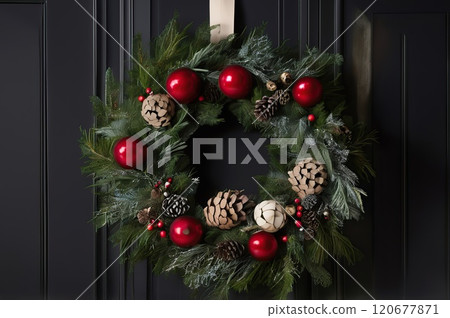 Christmas wreath with red balls and pine cones on a black door Christmas wreath with red balls and pine cones on a black door 120677871