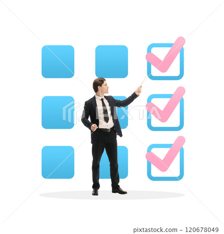 Goals. Businessman in formal attire directing attention to visual checklist with blue boxes and pink check marks, representing task completion. 120678049