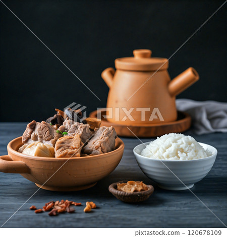 Bak kut teh, malaysian pork rib soup with rice and clay pot 120678109