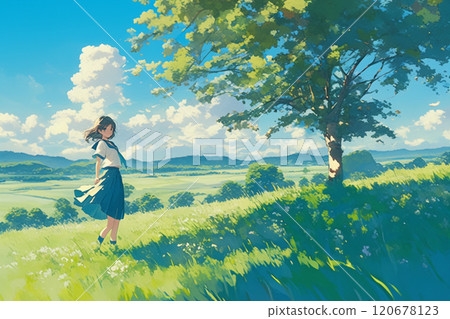 站在田野裡的高中女生的動漫風格插圖_1 站在田野裡的高中女生的動漫風格插圖_1 120678123