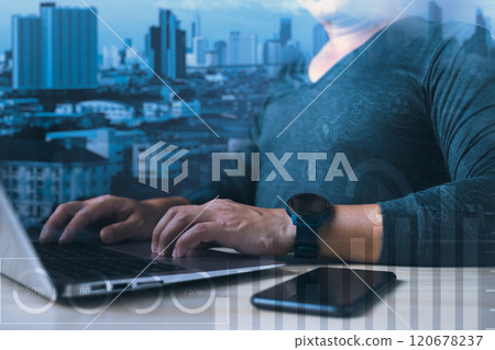 Tech company,man use graphs and progress of business and analyze financial,and investment.Use technology to plan strategy to success goals and growth stock.online business,online marketing. 120678237