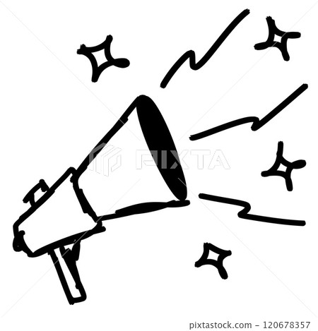 Loudspeaker doodle drawing. Cartoon loud alert warning. Sketch media propaganda. Marketing megaphone announce or broadcast. Emergency bullhorn speaker 120678357