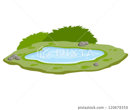 Pond and swamp, lake. Background for illustration. Flat cartoon. Landscape with grass, stones. Platform and ground. Element of nature and forests and water 120678358