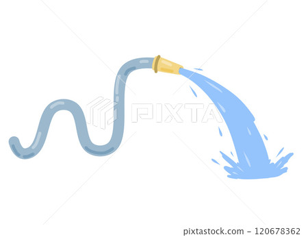 Hose. Jet of water. Fire fighting and watering of lawn. Grey tube. Flat cartoon illustration 120678362