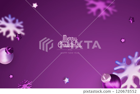 Happy New Year and Merry Christmas. Christmas holiday background with realistic 3d objects, violet and white bauble balls, conical metal stars, gift. Levitation falling design composition. 120678552