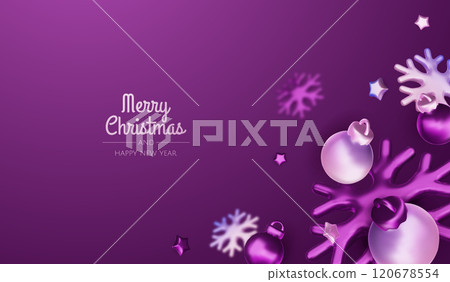 Christmas winter festive composition. Colorful Xmas background realistic 3d decorative design objects, christmas tree, gift boxes, xmas ball, gold confetti. Happy New Year. Vector illustration 120678554