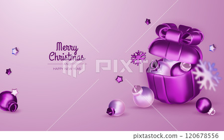 Happy New Year and Merry Christmas. Christmas holiday background with realistic 3d objects, violet and white bauble balls, conical metal stars, gift. Levitation falling design composition. Happy New Year and Merry Christmas. Christmas holiday background with realistic 3d objects, violet and white bauble balls, conical metal stars, gift. Levitation falling design composition. 120678556