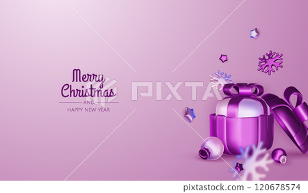 Happy New Year and Merry Christmas. Christmas holiday background with realistic 3d objects, violet and white bauble balls, conical metal stars, gift. Levitation falling design composition. Happy New Year and Merry Christmas. Christmas holiday background with realistic 3d objects, violet and white bauble balls, conical metal stars, gift. Levitation falling design composition. 120678574