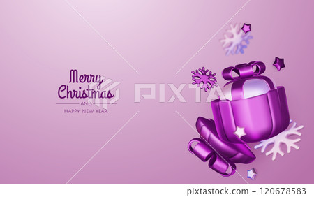 Christmas winter festive composition. Colorful Xmas background realistic 3d decorative design objects, christmas tree, gift boxes, xmas ball, gold confetti. Happy New Year. Vector illustration Christmas winter festive composition. Colorful Xmas background realistic 3d decorative design objects, christmas tree, gift boxes, xmas ball, gold confetti. Happy New Year. Vector illustration 120678583