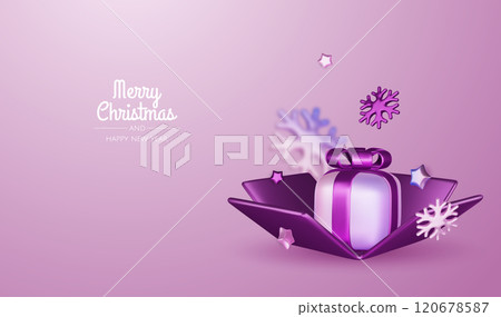 Happy New Year and Merry Christmas. Christmas holiday background with realistic 3d objects, violet and white bauble balls, conical metal stars, gift. Levitation falling design composition. Happy New Year and Merry Christmas. Christmas holiday background with realistic 3d objects, violet and white bauble balls, conical metal stars, gift. Levitation falling design composition. 120678587