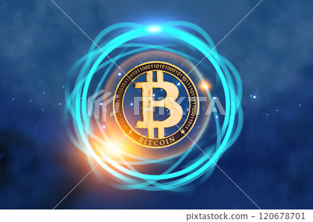 Bitcoin coin or bitcoin symbol surrounded by glowing effects Bitcoin coin or bitcoin symbol surrounded by glowing effects 120678701