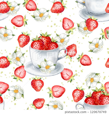 Red strawberries and tea cup seamless pattern. Hand-drawn background illustration in watercolor style for summer cover, wallpaper, backdrop 120678749