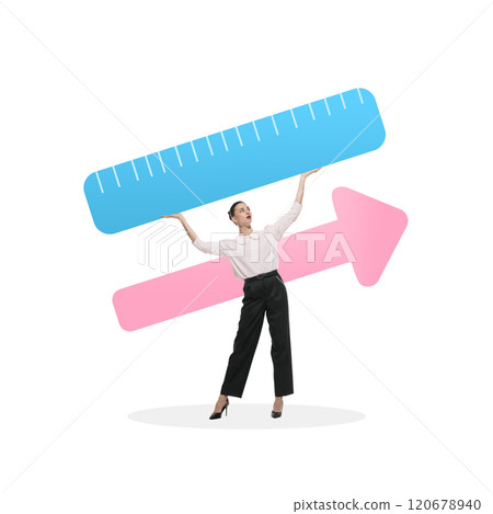 Businesswoman holding blue ruler and pink arrow, representing performance measurement and growth in corporate strategy. Conceptual design. 120678940