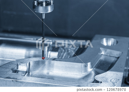 Closeup scene the CMM machine measuring the automotive mold parts in the light blue scene. 120678978