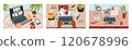Vector illustration set of hands typing on laptops in different contexts: video conference 120678996
