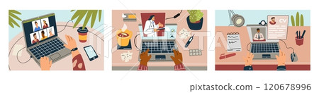 Vector illustration set of hands typing on laptops in different contexts: video conference 120678996