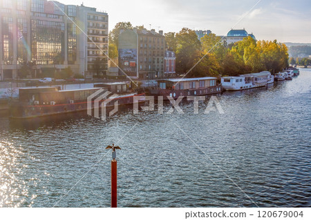 Awe  view on Quai Alphonso le Galle  on Seine with boats are moored and amazing  duck (diver) dries its wings 120679004